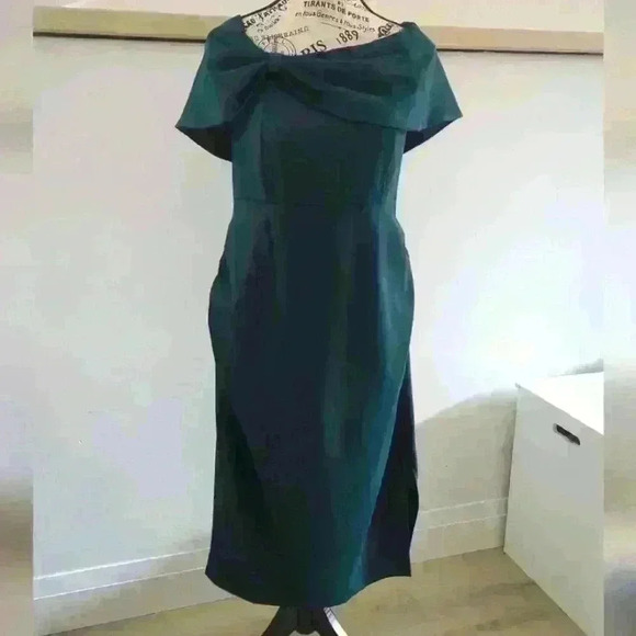 MAACIE | Women's Dark Green Bardot Bow Detail Midi Maternity Dress - Picture 1 of 5